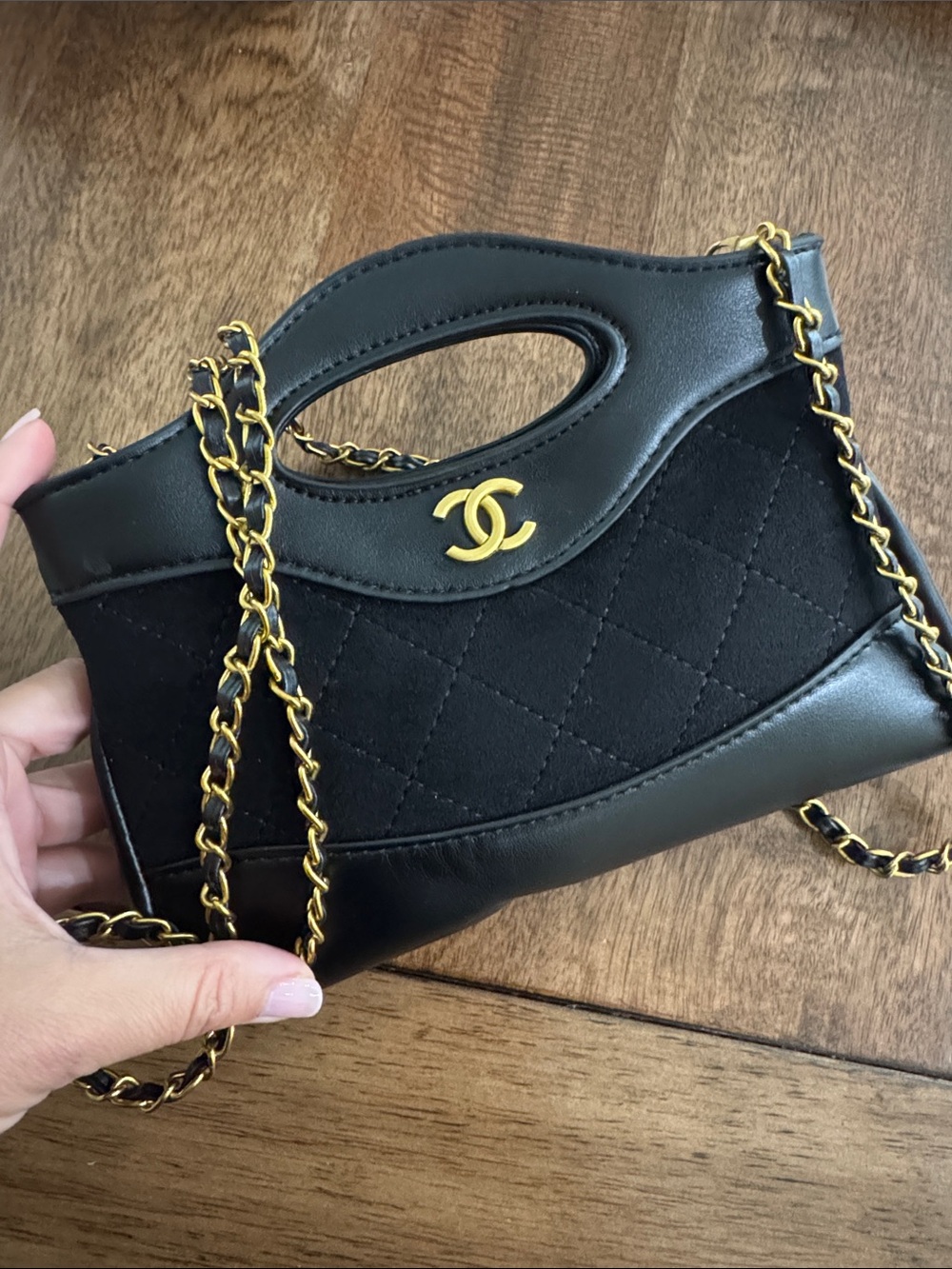 CHANEL Black Quilted Leather & Suede Mini Chain Handle Bag